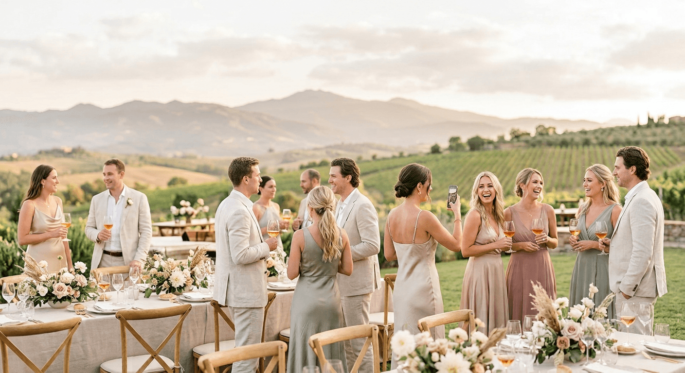 Guests capturing photos at an elegant outdoor celebration